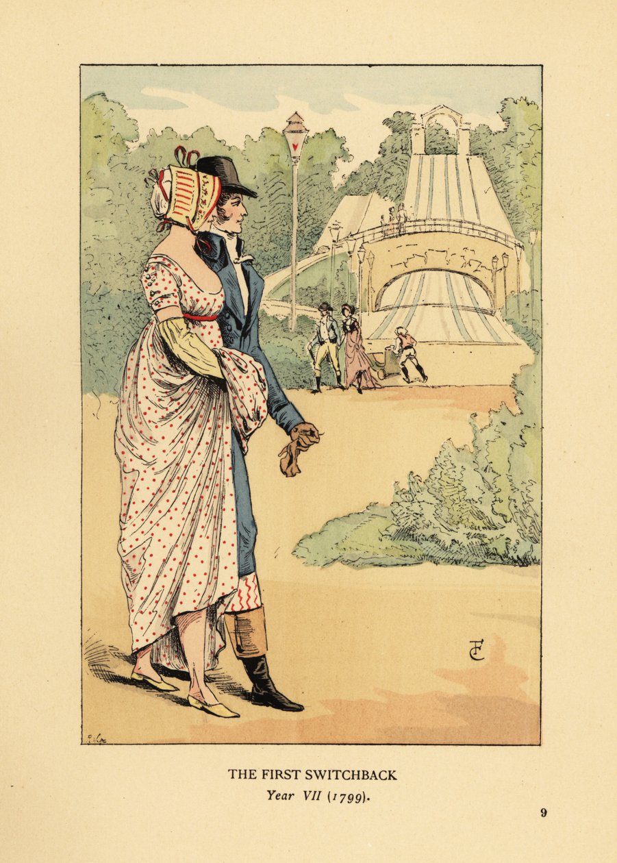 Fashionabla par vid berg-och-dalbanan i Ryska bergen, Les Montagnes Russes a Belleville, byggt 1812. (Den första återgången, år VII av François Courboin