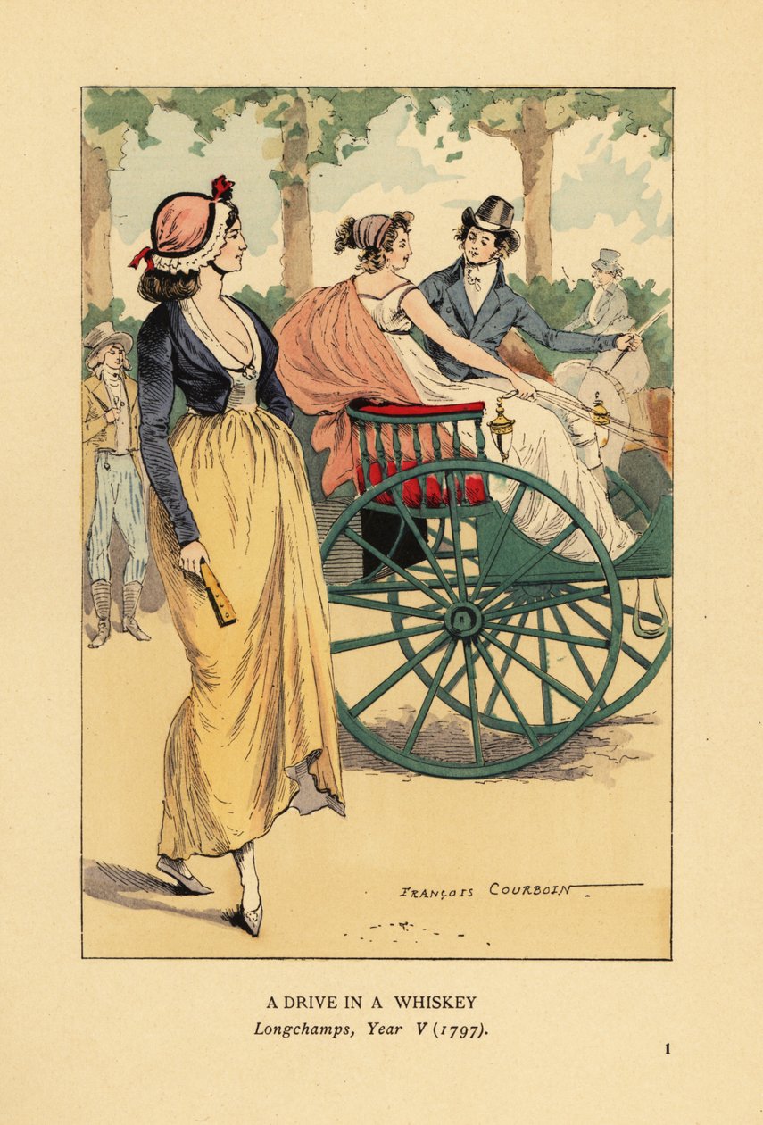 Fashionabla par som kör i en enhästs whiskyvagn eller spelning i Longchamps, Paris, år V av François Courboin