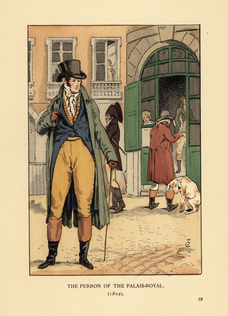 Moderiktig gentleman framför ingången till Passage du Perron, Palais Royal. Han bär hatt, halsduk, kappa, västar byxor och stövlar. Perron i Palais Royal, Paris av François Courboin