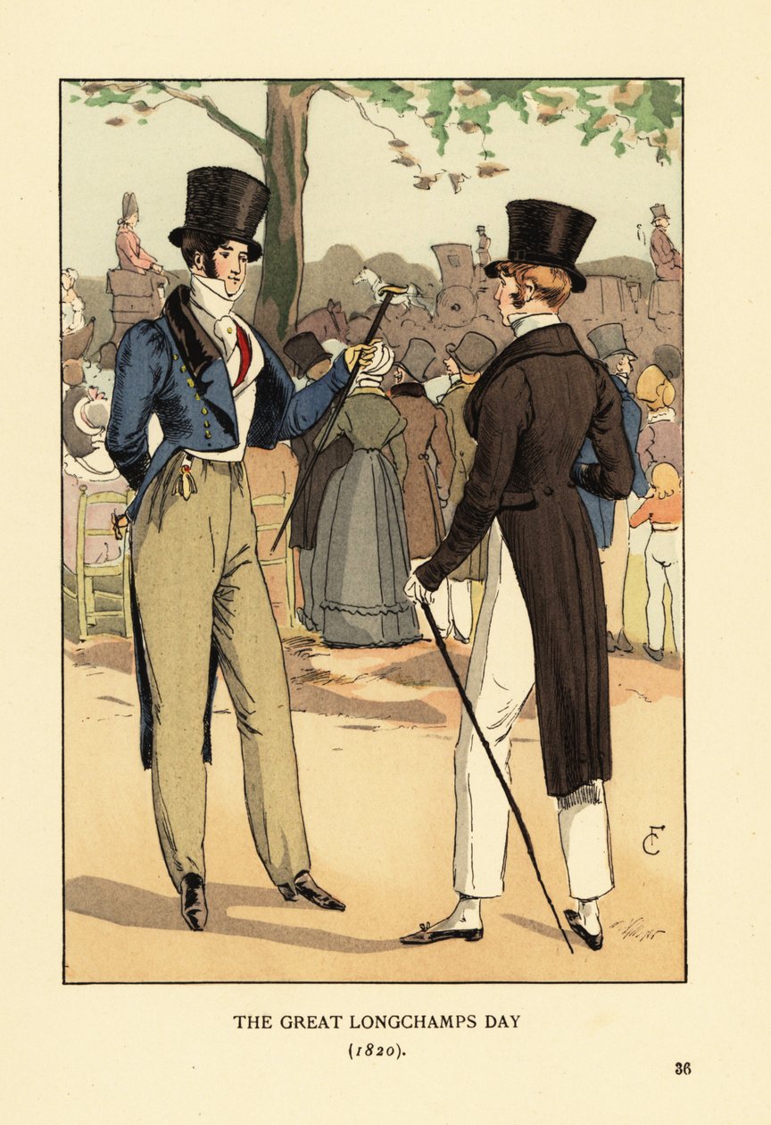 Moderiktiga herrar i hög hatt och svansar med käppar. På en stor tävlingsdag på Longchamps kapplöpningsbana. Massor av fashionabla människor och vagnar. Den stora Longchamps-dagen av François Courboin