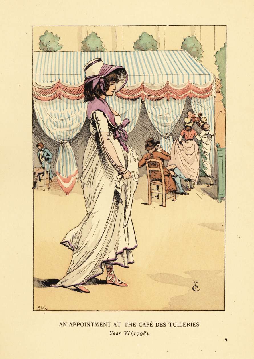 Fashionabla kvinna som anländer för ett möte på Cafe des Tuileries, Paris, år VI av François Courboin