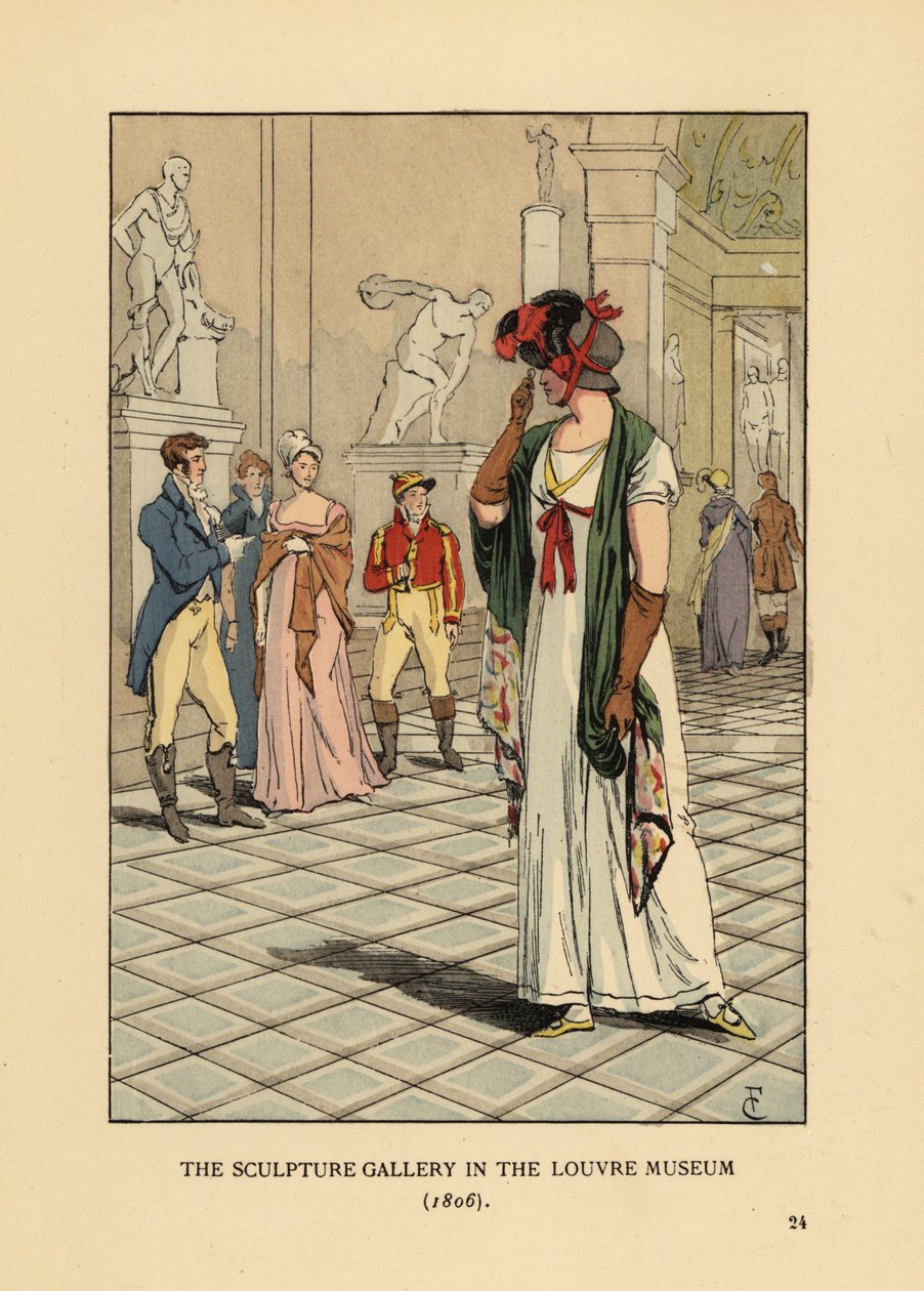 Fashionabla kvinna i skulpturgalleriet i Louvren av François Courboin