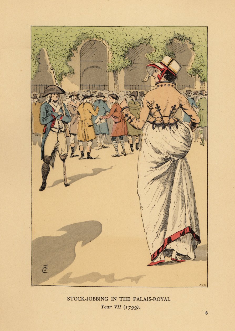 Fashionabla kvinna med en grupp spekulanter eller agiotörer, Paris. En enbent revolutionär soldat står på vakt. Lagerjobb på Palais Royal, år VII av François Courboin