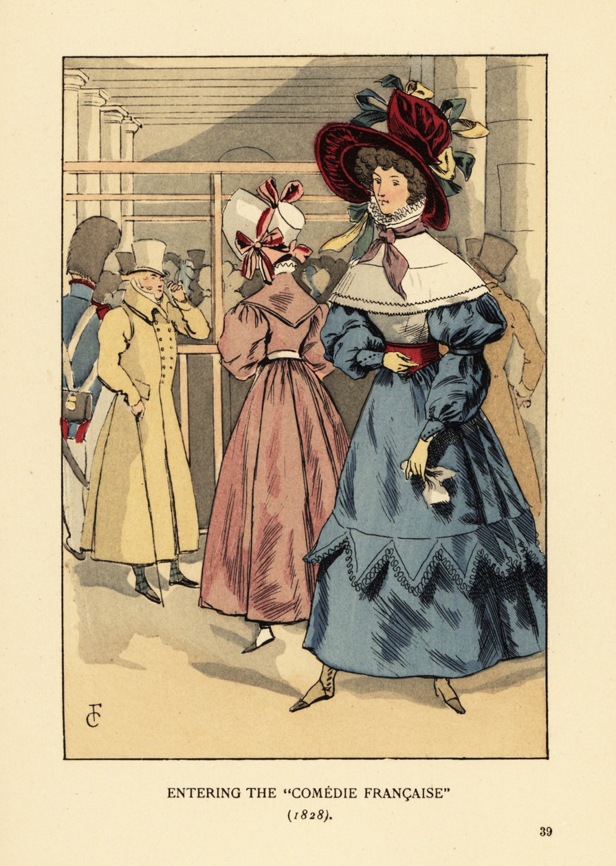 Fashionabla kvinnor på en pjäs, Paris. Kvinna i stor huva med band, klänning med hög krage, spetskappa eller pelerine och helärmar en basker. Inträder i Comedie Francaise av François Courboin