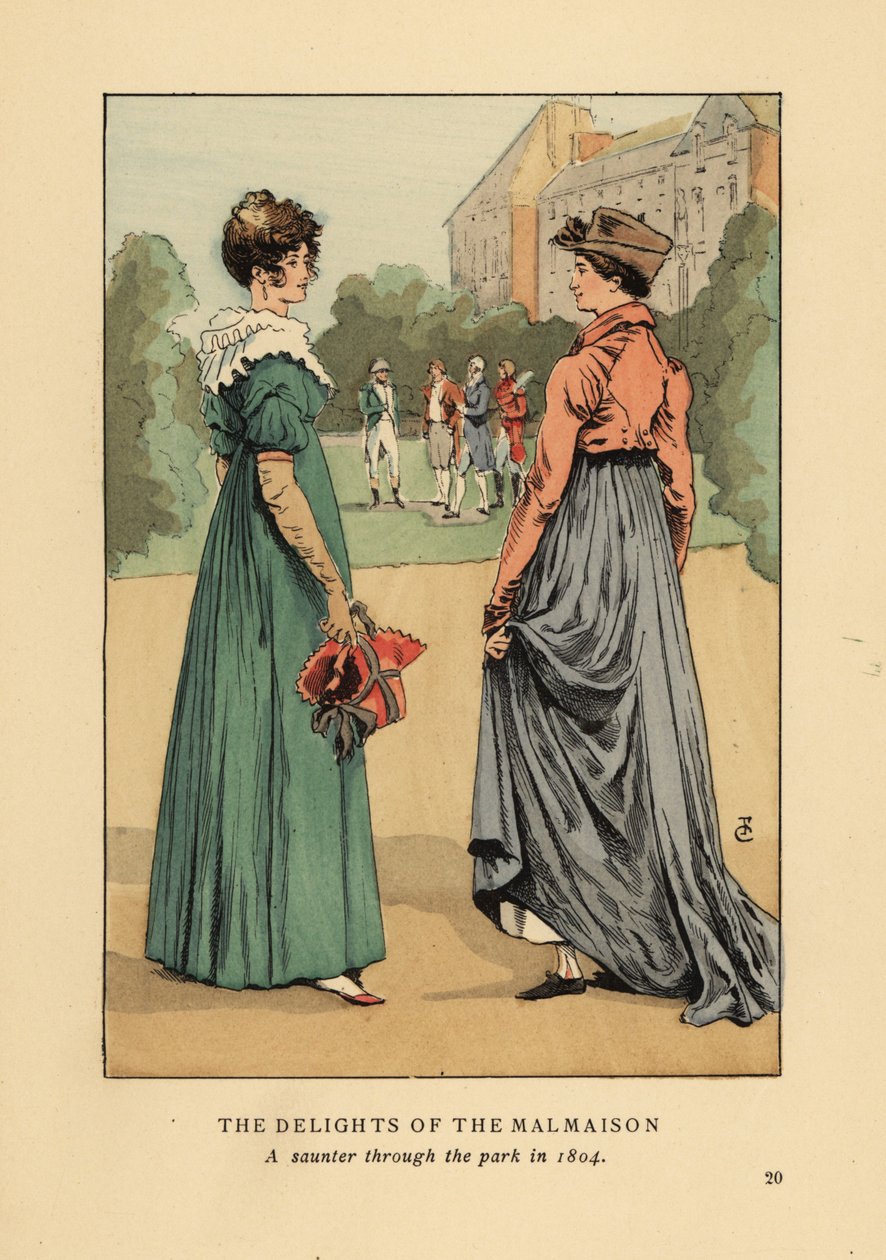 Fashionabla kvinnor som njuter av Chateau de Malmaisons läckerheter. En strövtåg genom parken 1804. Handkolorerad litografi av R.V. efter en illustration av Francois Courboin från Octave Uzanne’s Fashion i Paris, William Heinemann, London av François Courboin