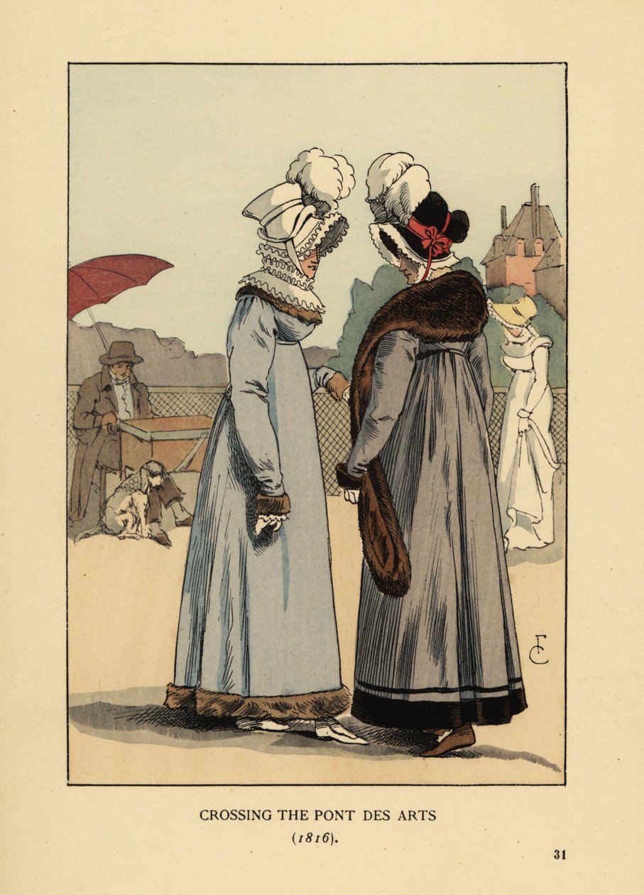 Fashionabla kvinnor i fjäderhattar, spetskrage och pälsklippta klänningar. Korsar Pont des Arts, Paris av François Courboin