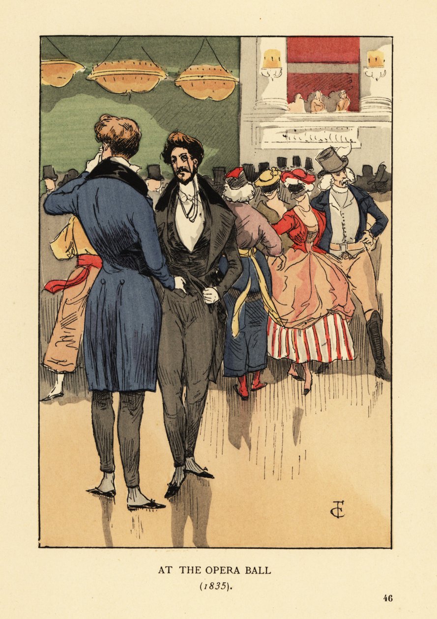 Fops i kappa med svansar, väst, tajta byxor och vita strumpor. Människor i kläder och masker bakom dem. På operabalen 1835. Handkolorerad litografi av R.V. efter en illustration av Francois Courboin från Octave Uzanne’s Fashion i Paris, Will av François Courboin