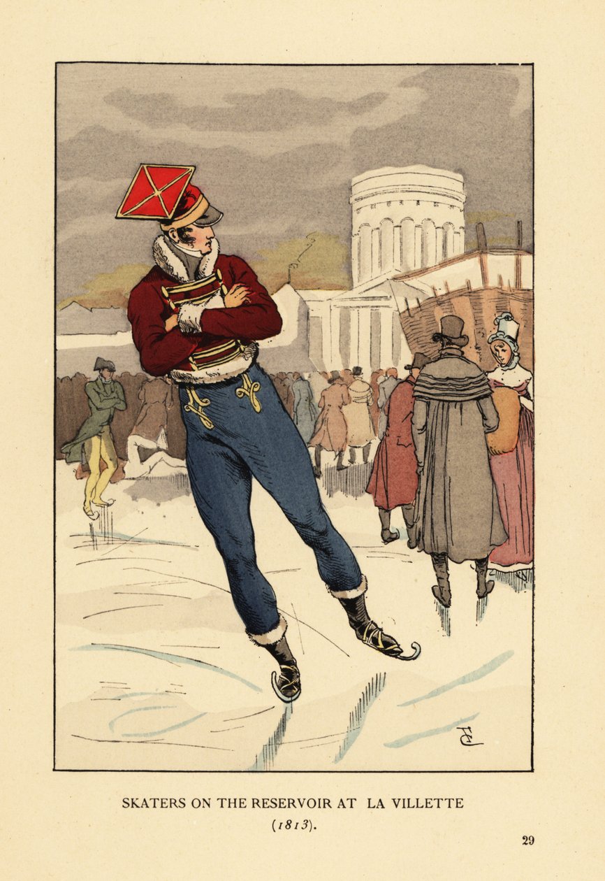 Lancer och herrar åker skridskor på Bassin de la Villette, Paris av François Courboin