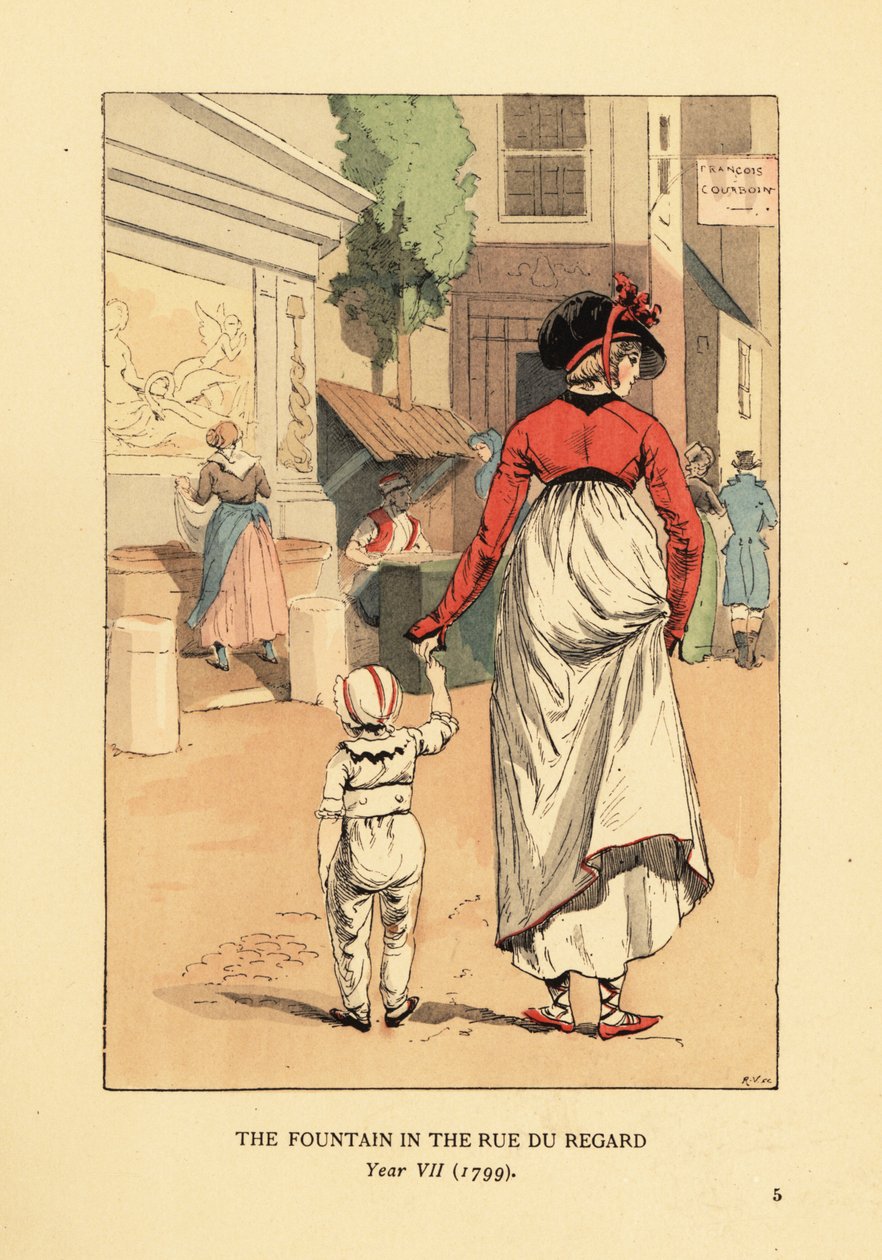 Kvinna och barn framför Ledas fontän, Fontaine de Leda, i Rue du Regard, Paris, år VII av François Courboin