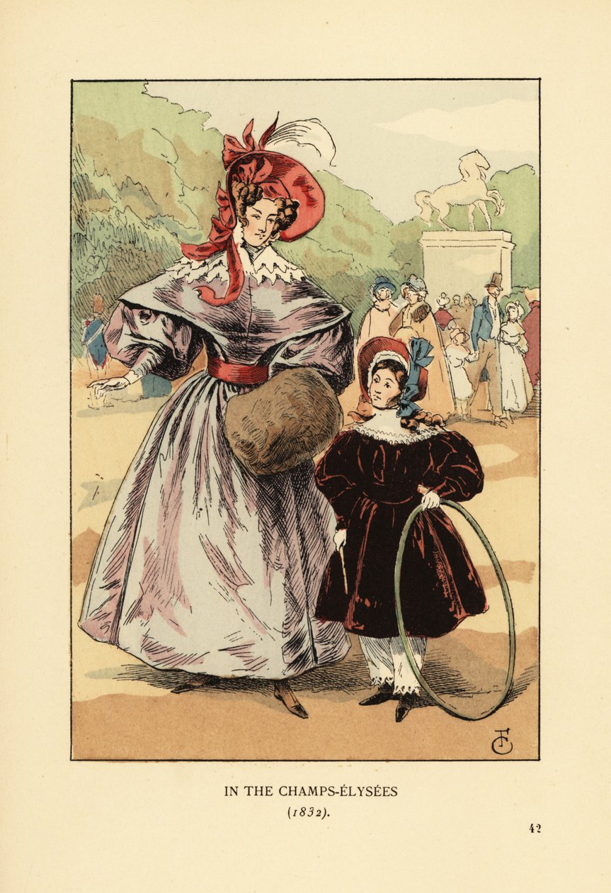 Kvinde og barn med bøjle leger i parken. I Champs Elysees Seed av François Courboin