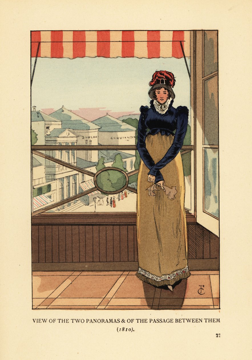 Kvinna vid fönstret med utsikt över Panoramas och Passage des Panoramas, på Boulevard Montmartre, Paris av François Courboin
