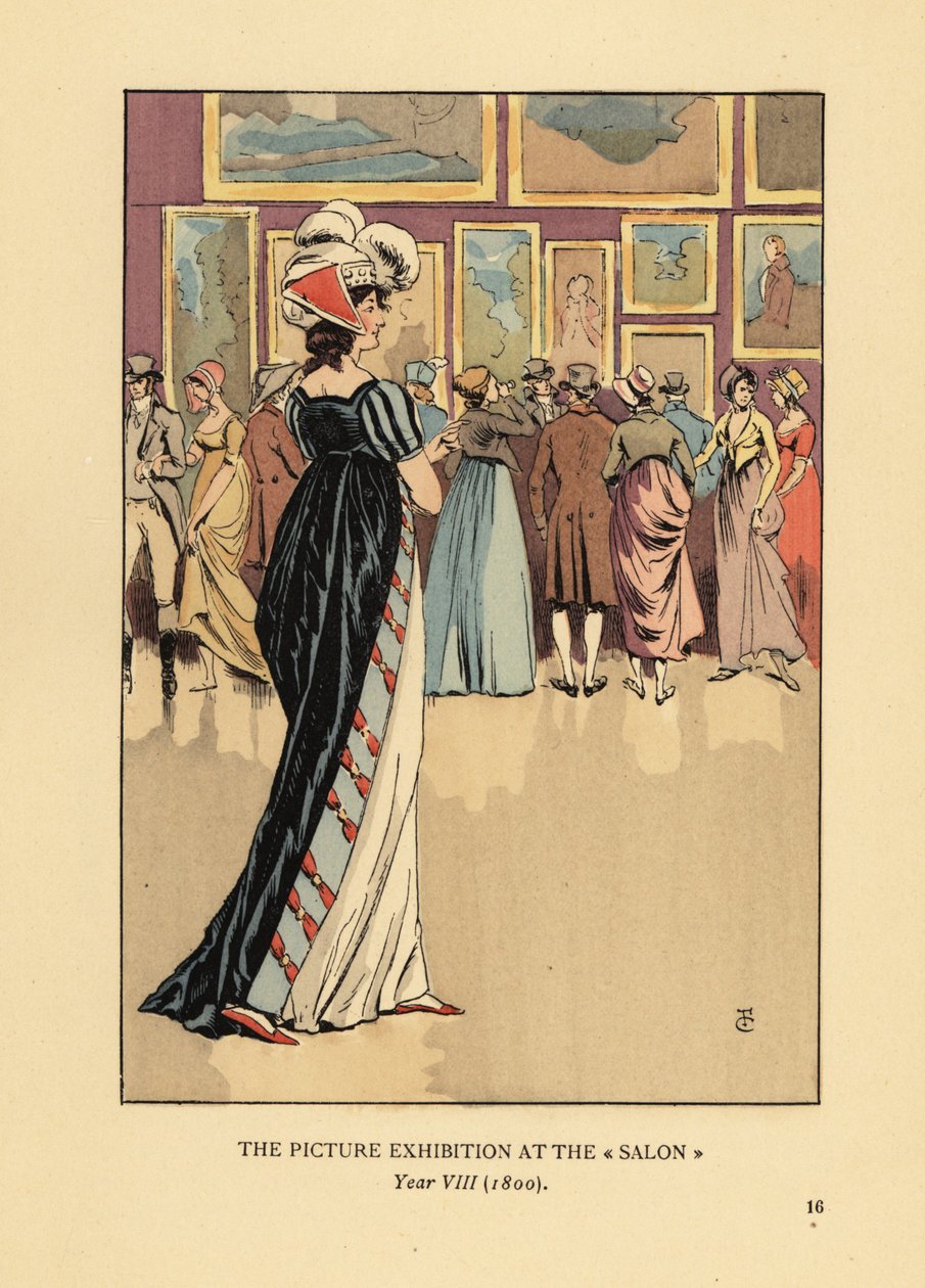 Kvinna i moderiktig klänning på bildutställningen på Parissalongen, Academie des Beaux-Arts, år VIII av François Courboin
