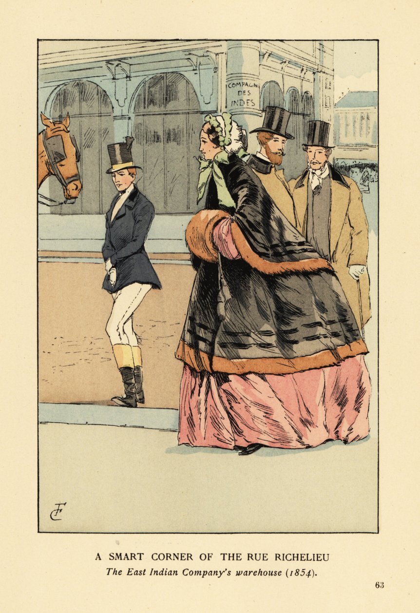 Kvinna i pälsfodrad cape och muff över en bred krinolin, med en annan kvinna i ridkläder. Ett smart hörn av rue de Richelieu, Ostindiska kompaniets lager, Paris av François Courboin