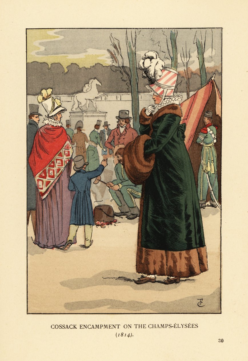 Kvinna i pälsfodrad kappa med pälsmuff besöker tatariska och kalmykiska kosackbivacken i Paris efter Napoleons fall. Kosackläger på Champs Elysees av François Courboin