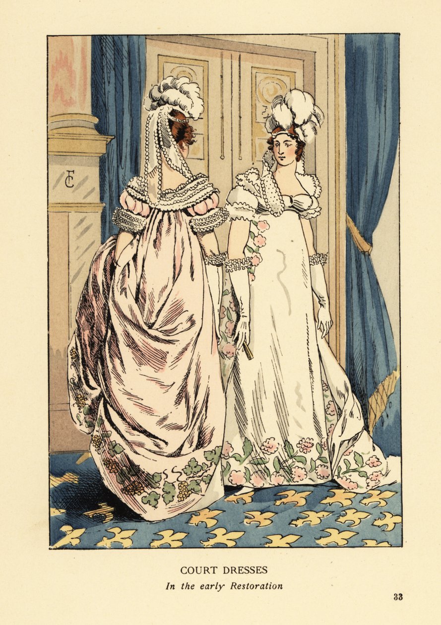 Kvinnor i fjäderhuvudbonader och lyxiga broderade klänningar, kung Ludvig XVIII:s hof, ca 1817. Interiör med blå gardiner och fleur de lys matta. Hovklänningar i den tidiga restaureringen, Paris. Handkolorerad litografi av R.V. efter en illustration av François Courboin