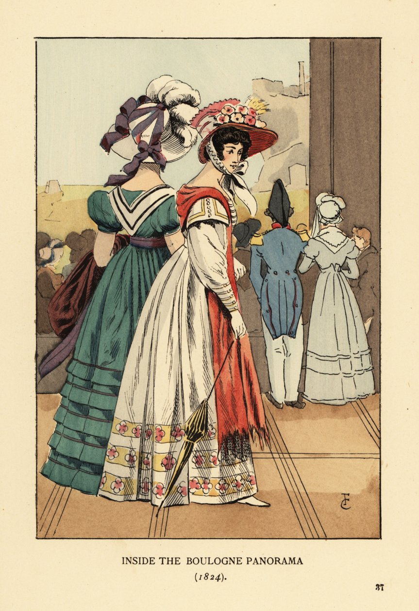 Kvinnor som tittar på den stora stadsbilden inuti Boulogne Panorama, Boulevard Montmartre, Paris av François Courboin