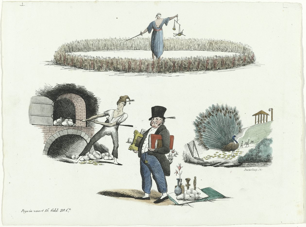 Tecknad film om J.C. Backer, C. Seyn och S. van der Paauw, 1839 av François Desterbecq
