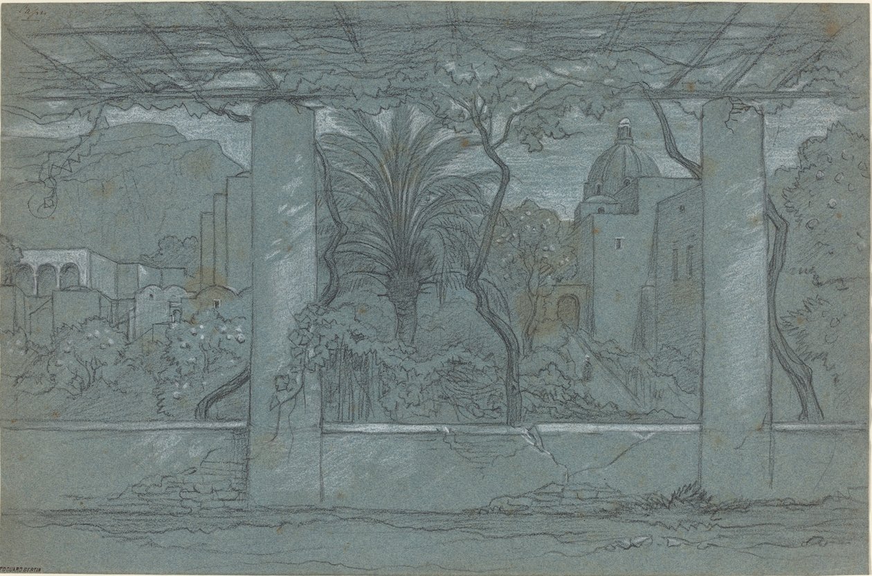 En terrass och trädgård på Capri [recto] av François Edouard Bertin
