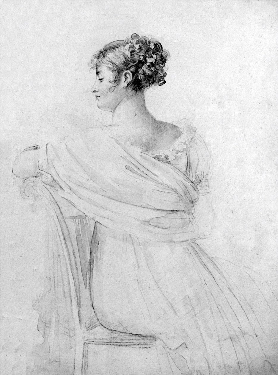Porträtt av Mrs Récamier, svart krita, akvarellhöjdpunkter, av François Gérard. av François Gérard