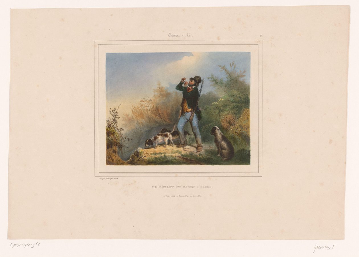 Viltvårdare med tre jakthundar Le départ du garde chasse (titel på objekt) Jägare med vapen (serietitel) Chasses au Tir (serietitel på objekt) av François Grenier
