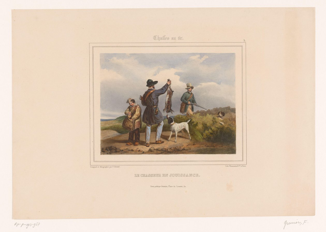 Hunter visar andra jägare sin skjutna hare Le chasseur en jouissance (titel på objekt) Jägare med vapen (serietitel) Chasses au Tir (serietitel på objekt) av François Grenier