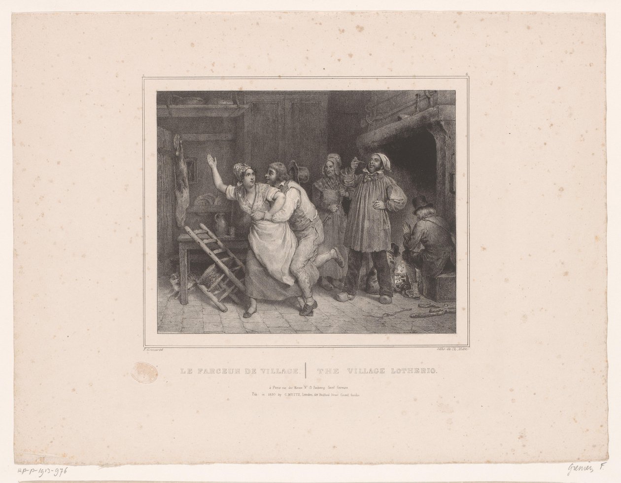 Man försöker krama kvinnan i värdshuset Le farceur de village / Byn lotherio (titel på objekt) Tolv representationer av olika figurer (serietitel) Album de douze sujets (...) (serietitel) av François Grenier