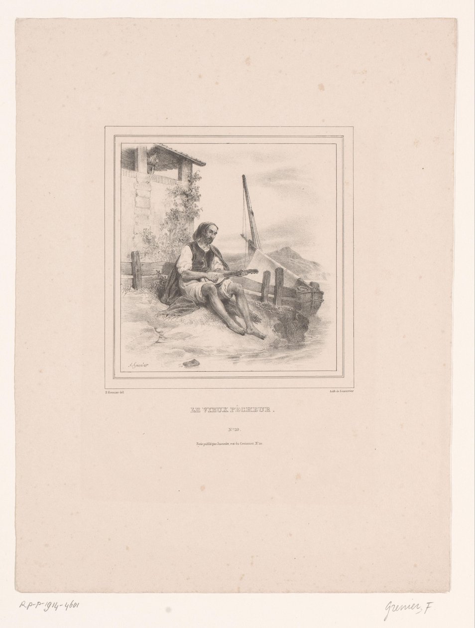 Gammal fiskare med luta på vattnet Le vieux pêcheur (titel på objekt) av François Grenier