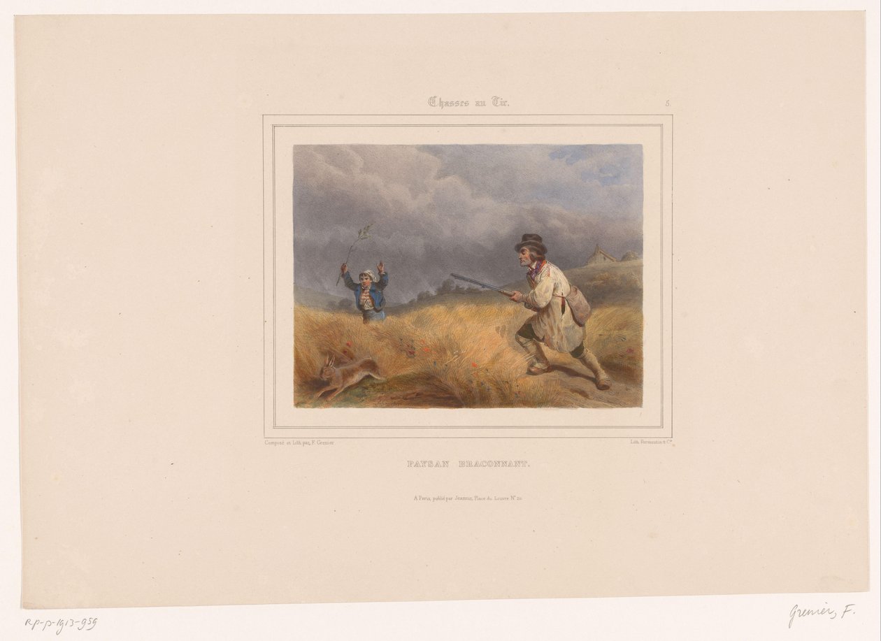 Två tjuvjägare jagar en hare Paysan braconnant (titel på objekt) Jägare med vapen (serietitel) Chasses au Tir (serietitel på objekt) av François Grenier