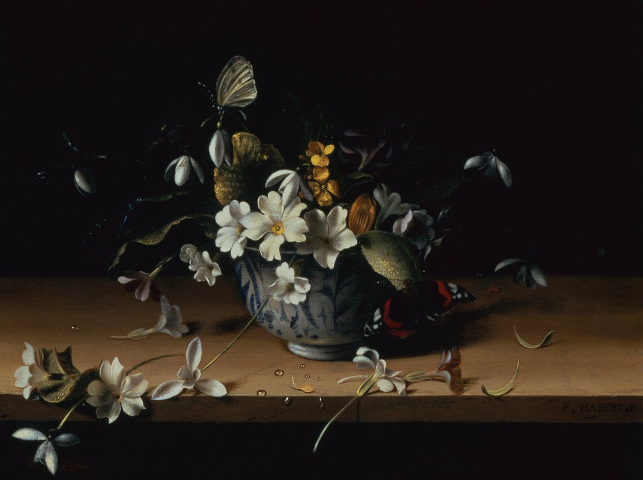 Blommor i en blå och vit kinesisk porslinsskål med en röd amiralfjäril på en träavsats (olja på panel) av François Habert