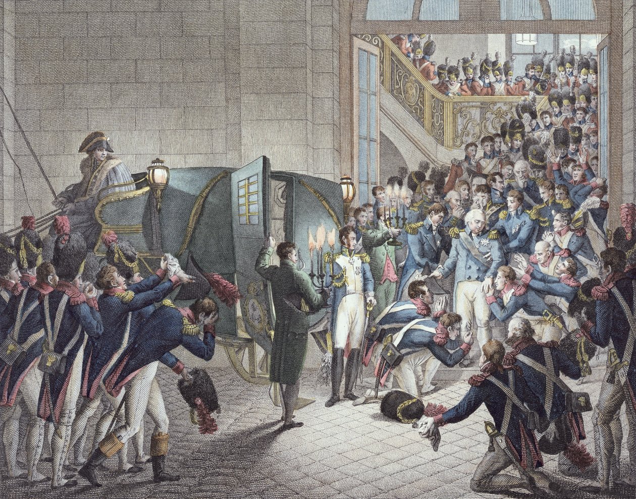 Ludvig XVIII:s (1755-1824) kung av Frankrike och Navarra, avgång från Les Tuileries, 19 mars 1815 (färgstick) av François Joseph Heim