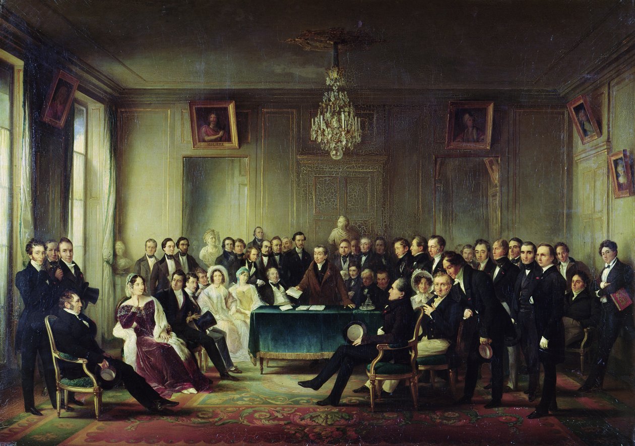 Francois Andrieux (1759-1833) Läser sin tragedi "Junius Brutus" i foajén till Comedie Francaise, 26 maj 1828, 1847 (se även 216914) av François Joseph Heim