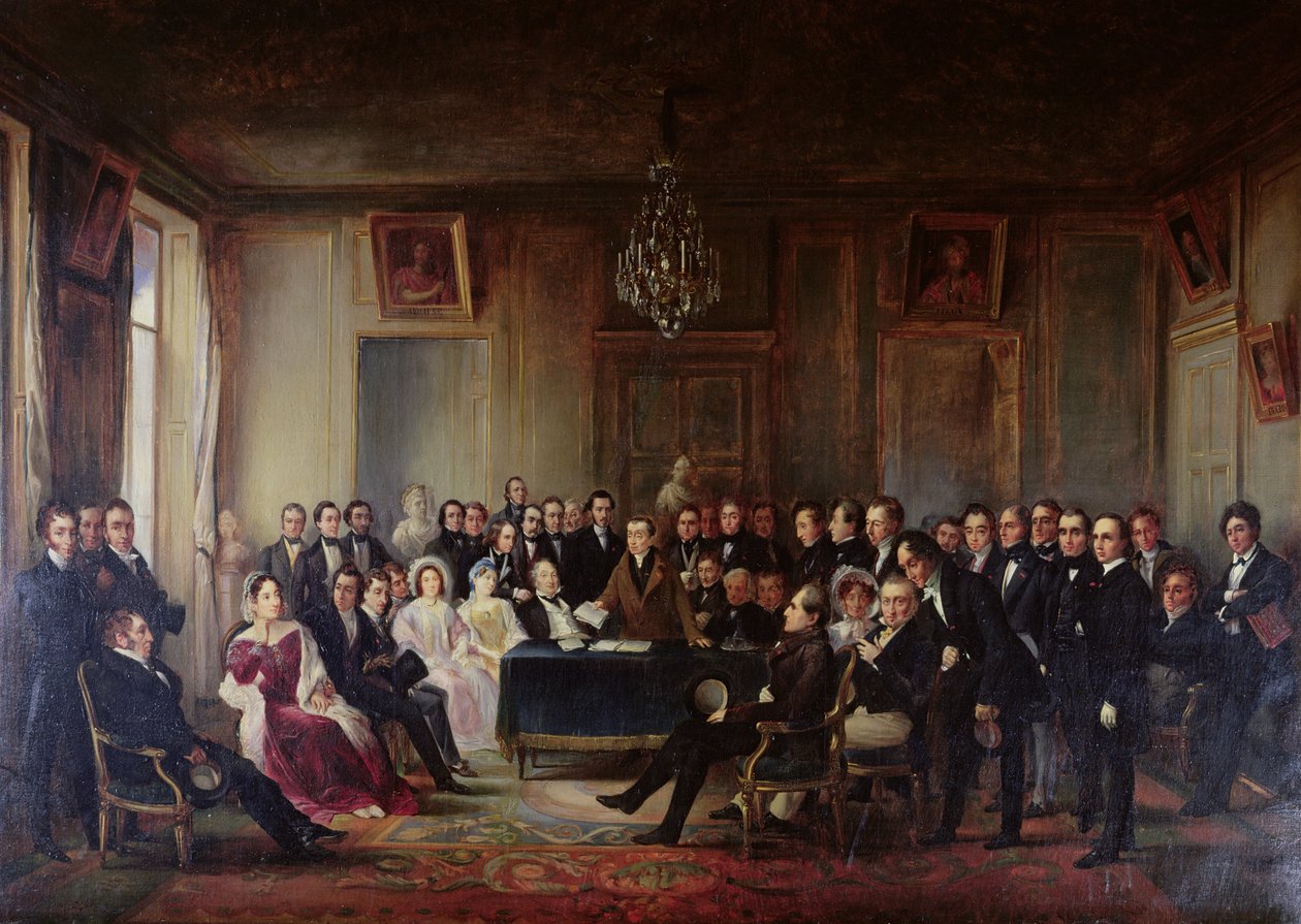 Francois Andrieux (1759-1833) läser sin tragedi "Junius Brutus" i Comedie Francaises foajé den 26 maj 1828, 1847 (se även 216913) av François Joseph Heim
