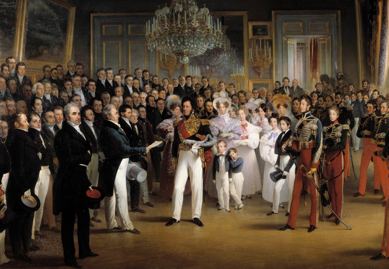 Revolutionen 1830: "" Deputeradekammaren överlämnar till hertigen av Orleans, Louis Philippe I (1773-1850), handlingen som kallar honom till tronen och stadgan från 1830, på det kungliga palatset, den 7/08/ 1830”” Detalj. Målning av Francois Joseph Heim (1 av François Joseph Heim