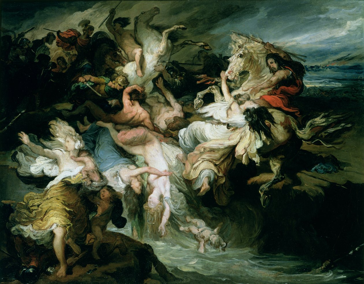 Teutonernas och Kimbrernas nederlag av Gaius Marius (ca 157-86 f.Kr.) (olja på papper på duk) av François Joseph Heim
