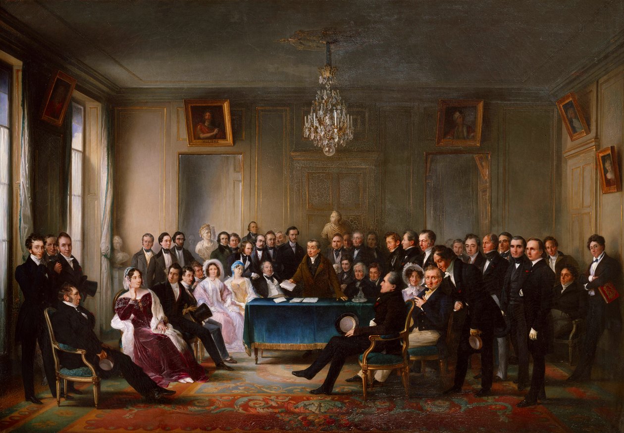 François-Guillaume Andrieux läser sin tragedi Junius Brutusin i foajén..., 26 maj 1828, ca. 1847. av François Joseph Helm