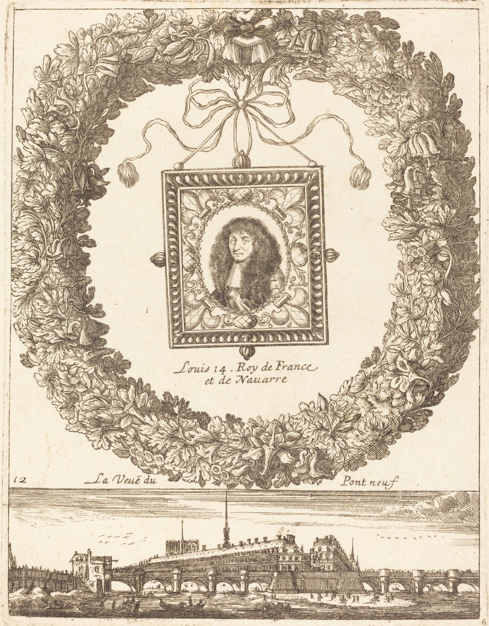 Utsikten över Pont Neuf; Ludvig XIV kung av Frankrike och Navarra av François Le Febvre