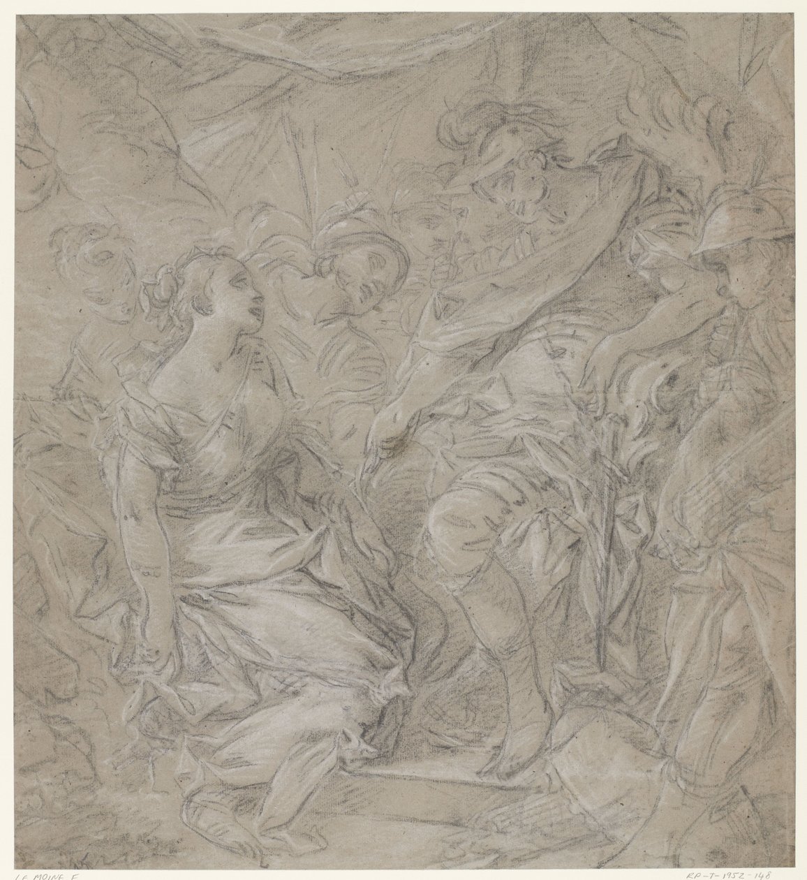 Ung kvinna knäböjer framför en general i hans tält (Scipio?) av François Le Moine (manner of)