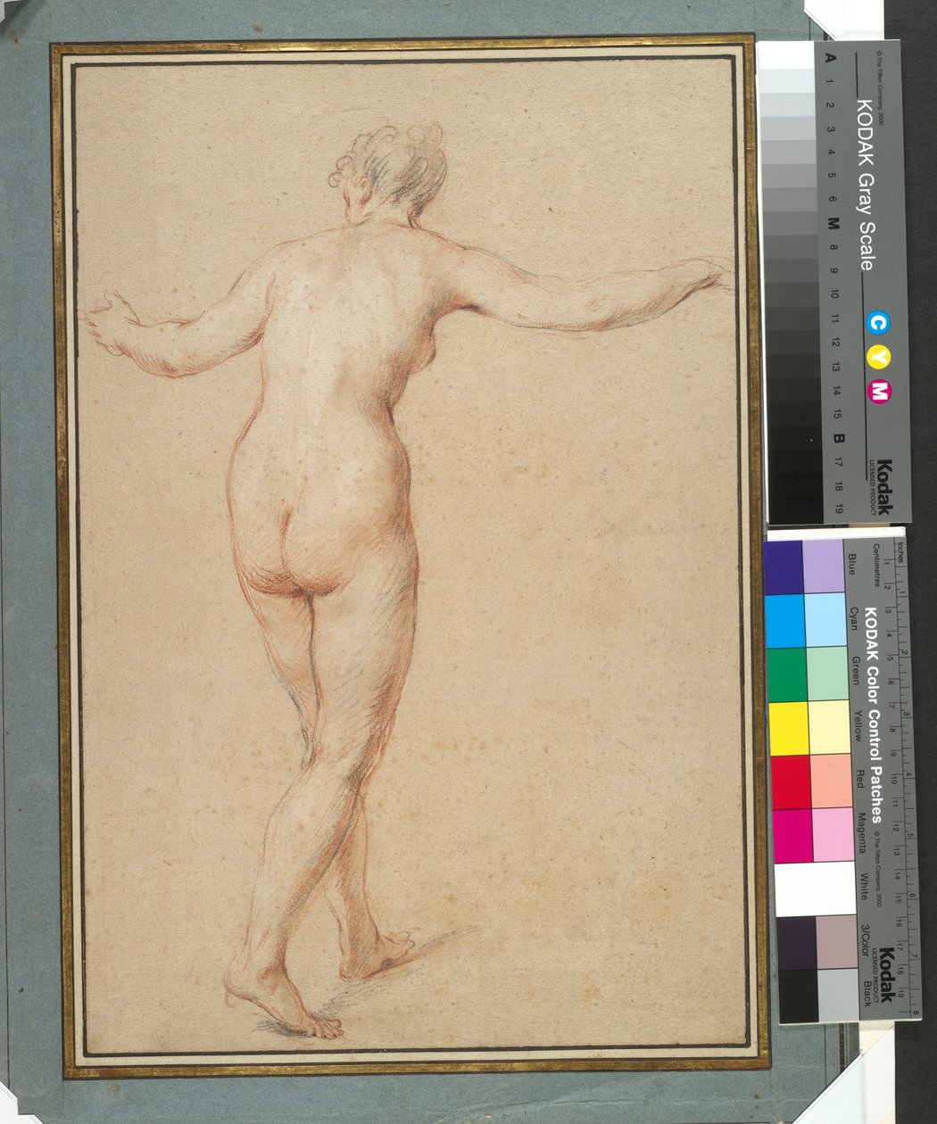Stående kvinna naken sett bakifrån, ca 1722 (röd, svart och vit krita på papper) av François Lemoyne