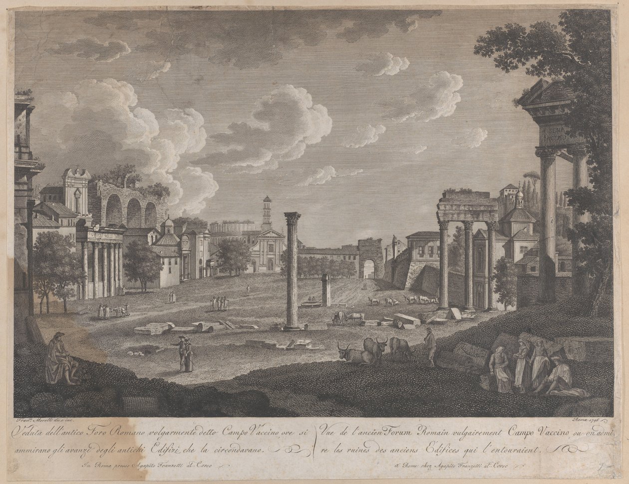 Utsikt över Campo Vaccino, med Colosseum i bakgrunden och ruinerna av Tempel..., 1796. av François Morel