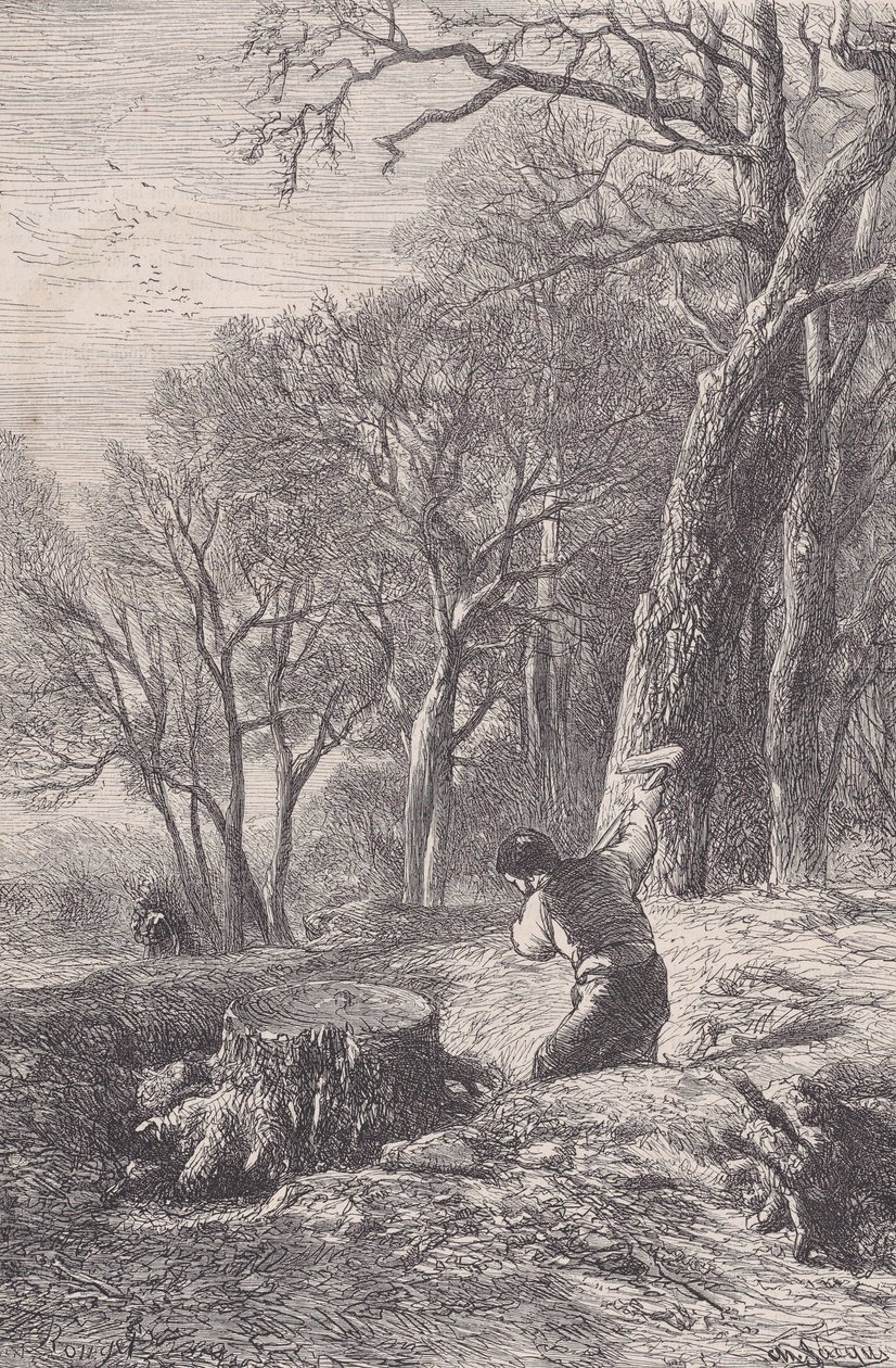 Vinterscen: stubbavdragaren, från Magasin Pittoresque, ca. 1852. av François Rouget