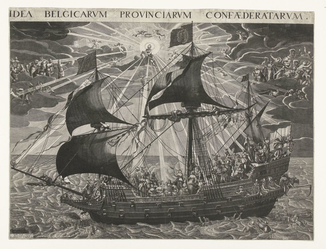 Statens skepp, 1620 Allegori om landets lyckliga tillstånd efter synoden i Dordrecht Idé Belgicarum Provinciarum Confaederatarum (titel på objekt) av François Schillemans