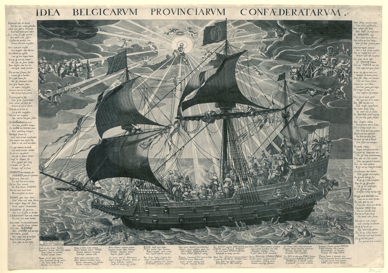 Statens skepp, 1620 Allegori om landets lyckliga tillstånd efter synoden i Dordrecht Idé Belgicarum Provinciarum Confaederatarum (titel på objekt) av François Schillemans