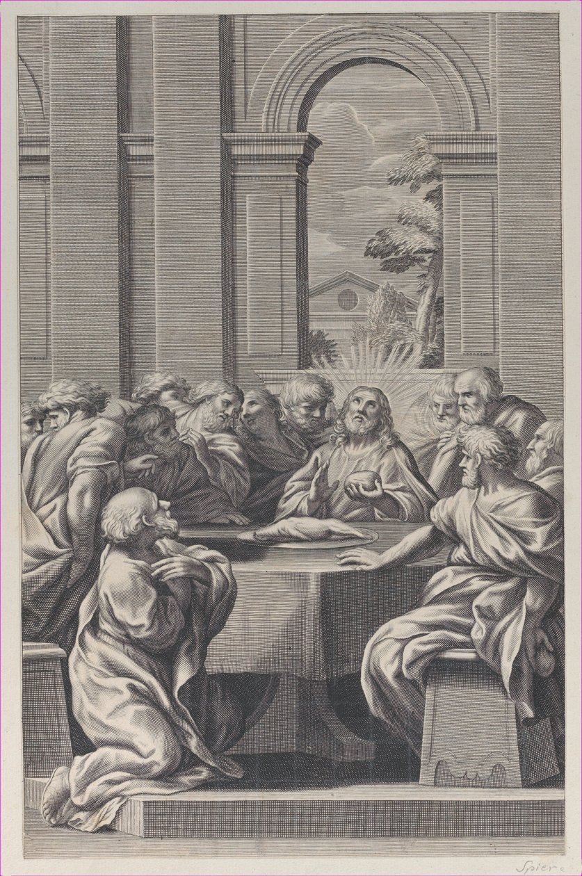 Nattvarden, interiören av en klassisk byggnad med Kristus och hans apostlars säte..., 1660-81. av François Spierre