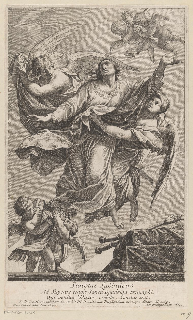 Saint Louis IX bars till himlen av två änglar Sanctus Ludovicus (titel på objekt) av François Tortebat