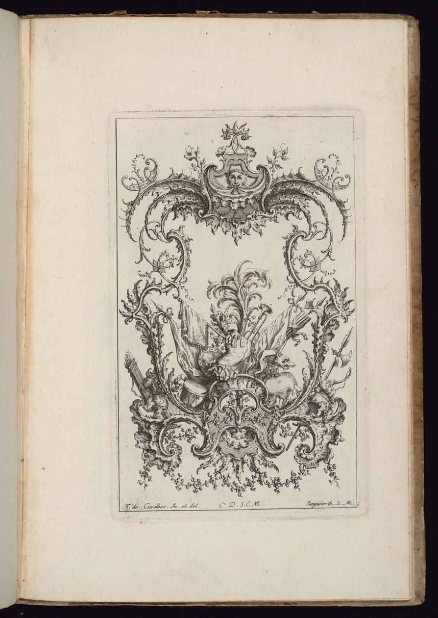 Kartusch med vapentrofé, Livre d’ornaments (Ornamentsboken) av François de Cuvilliés the Elder