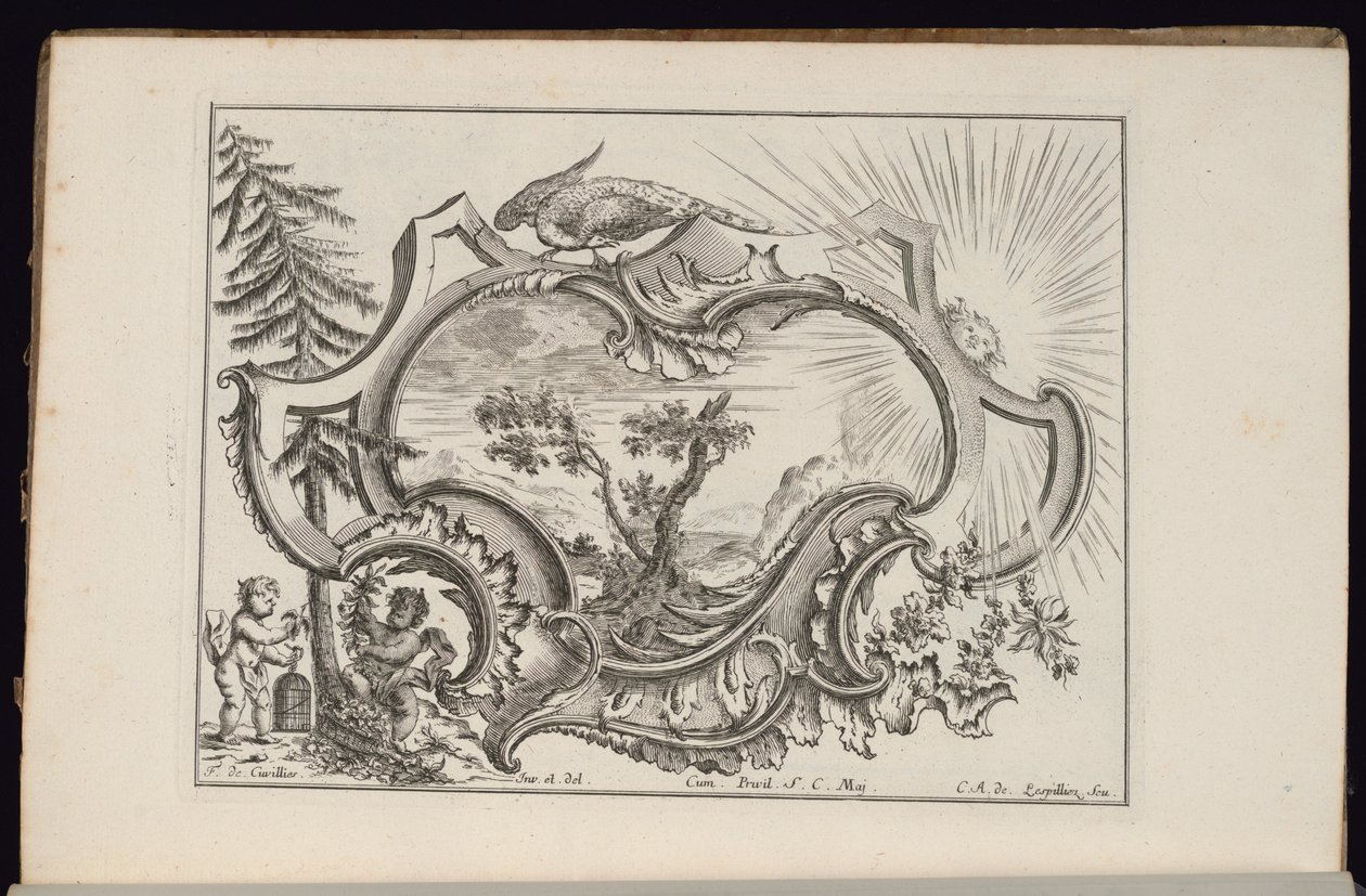Patron med fågel och sol, bok med oregelbundna patroner av François de Cuvilliés the Elder