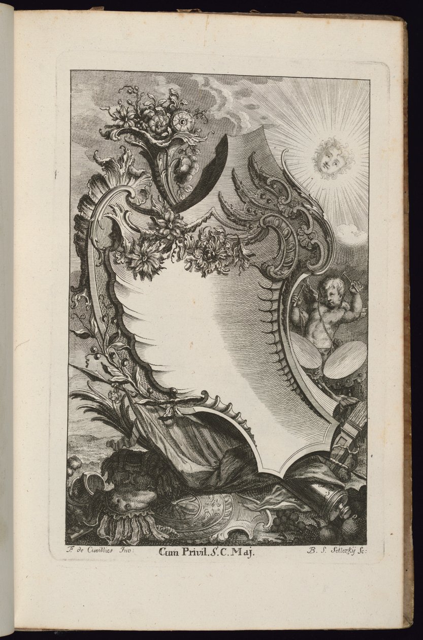 Patron med ymnighetshorn och sol, Book of Irregular Cartridges av François de Cuvilliés the Elder