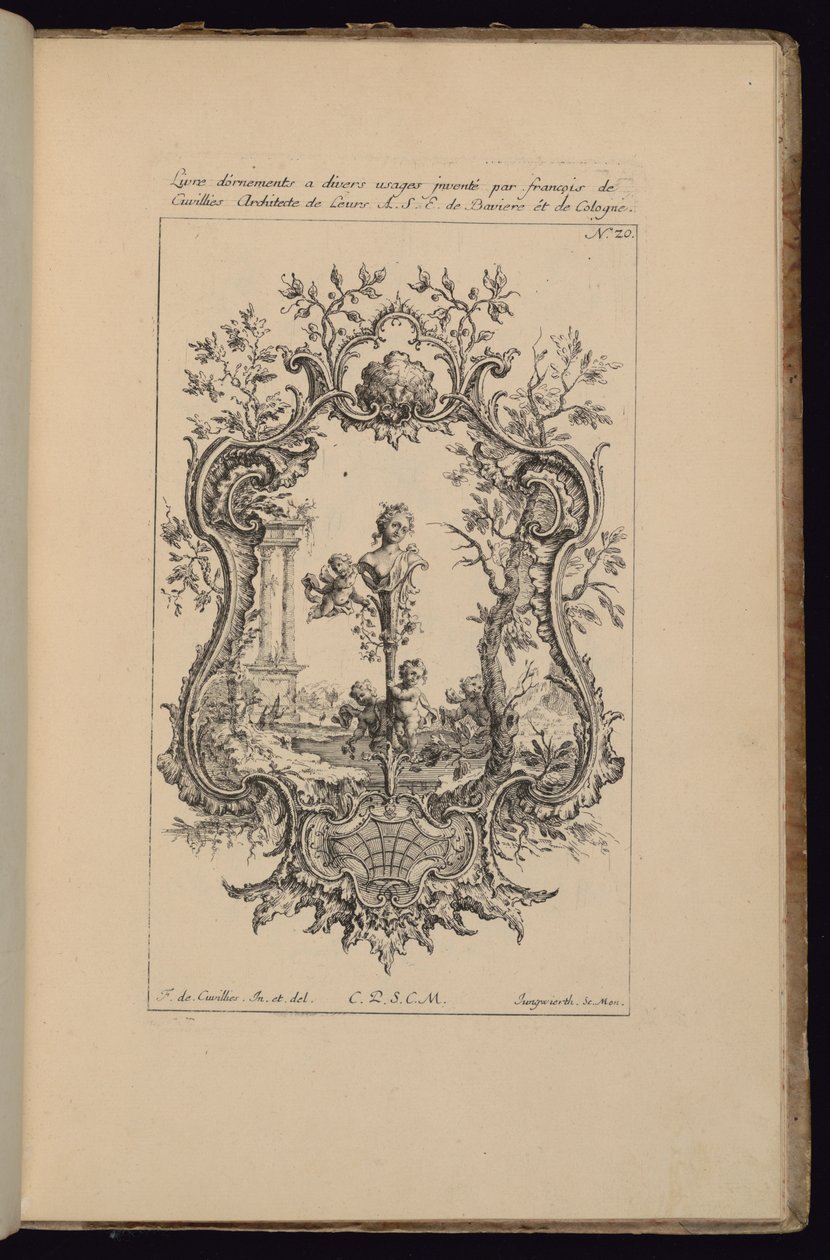 Kartusch med kvinnlig byst, Livre d’ornaments (Ornamentsboken) av François de Cuvilliés the Elder