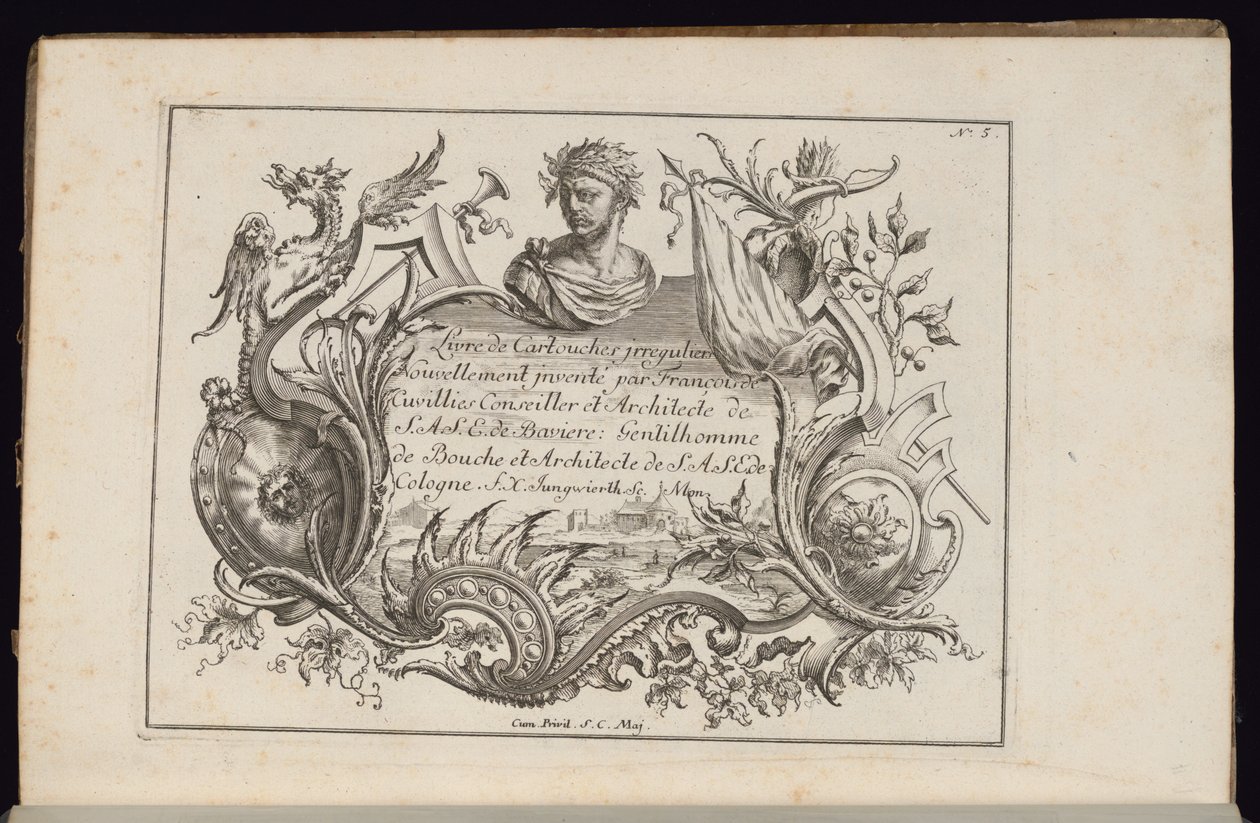 Patron med porträttbyst, bok med oregelbundna patroner av François de Cuvilliés the Elder