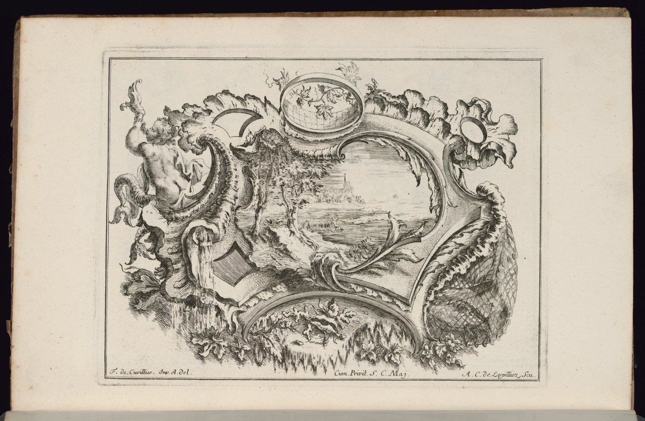Patron med Putto blåsande snäcka, Book of Irregular Cartridges av François de Cuvilliés the Elder